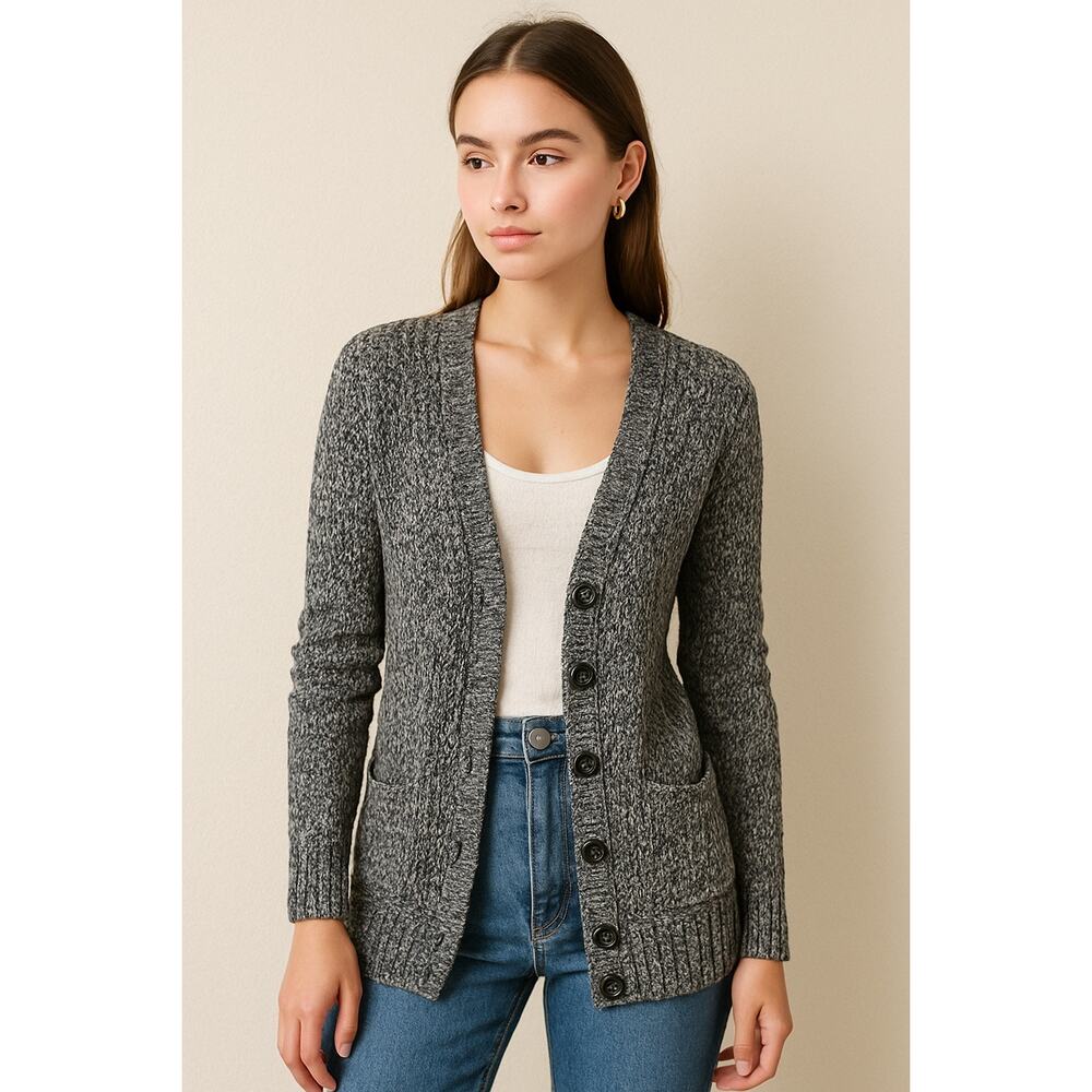 American Eagle Knit Button Front Cardigan Marled Gray Long Sleeve Pockets